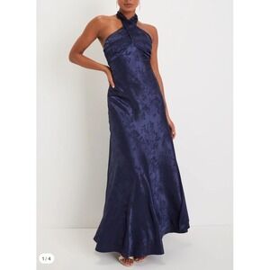 NWT LULUS Classy Personality Navy Satin Jacquard Halter Maxi Dress Size Medium